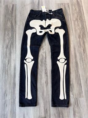 MNML D184 Skeleton Denim Pants With Bone Appliqués Down The Front Legs.